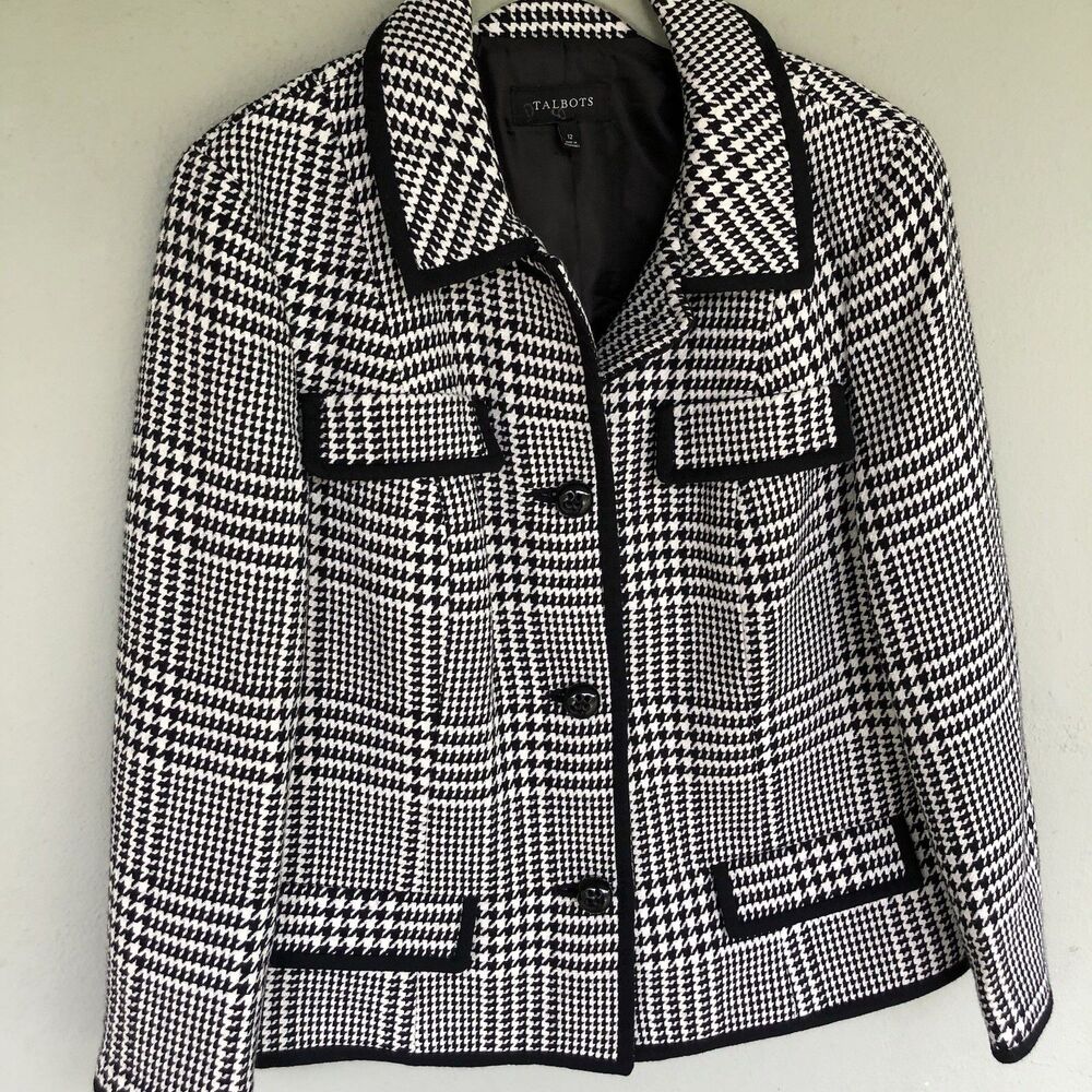 Talbots Blazer Houndstooth Blazer 12 Black White Wool Blend Jacket Preppy Career - Picture 2 of 10